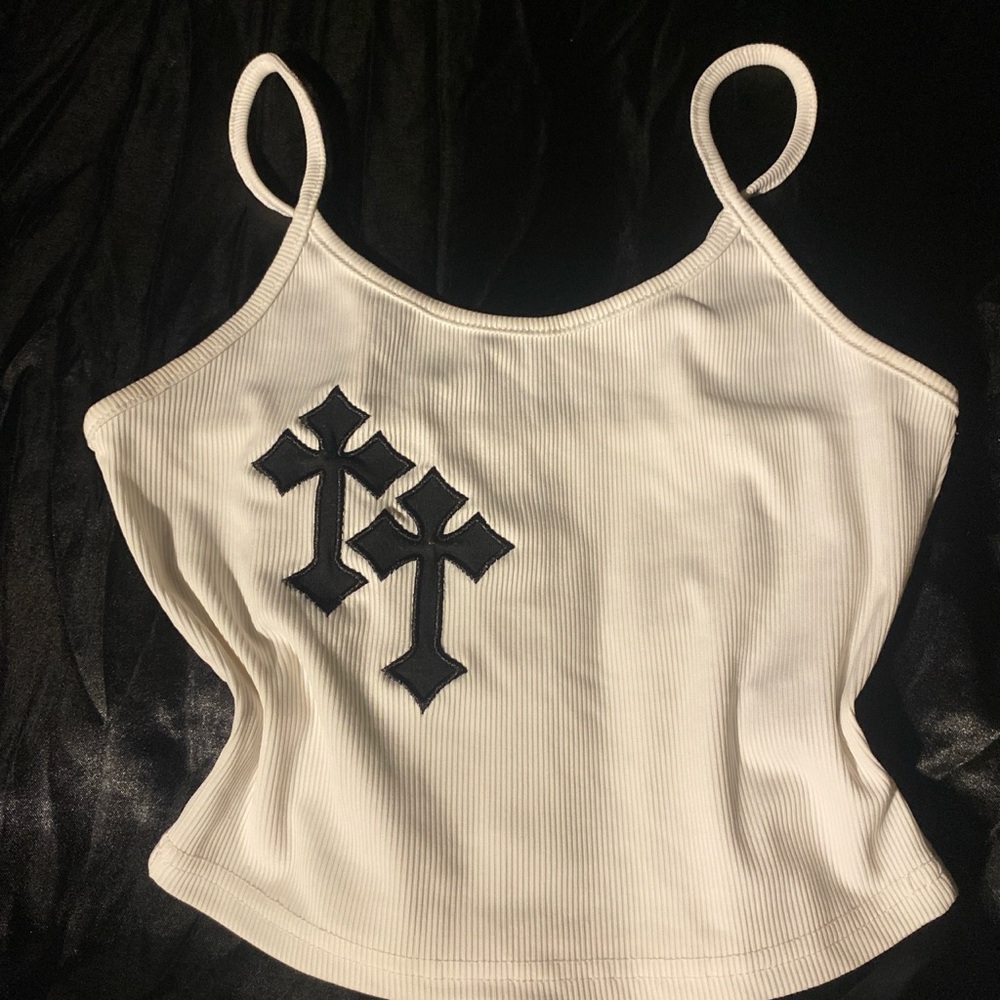 White Ribbed Tank Top with Cross Design